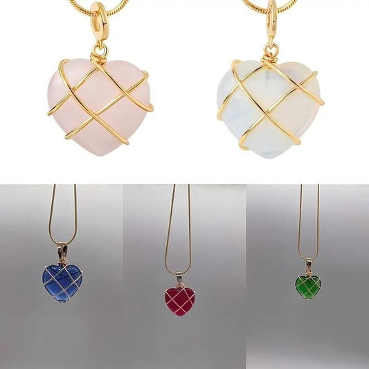 Love Heart Metal Wrapped Crystal Stone Pendant